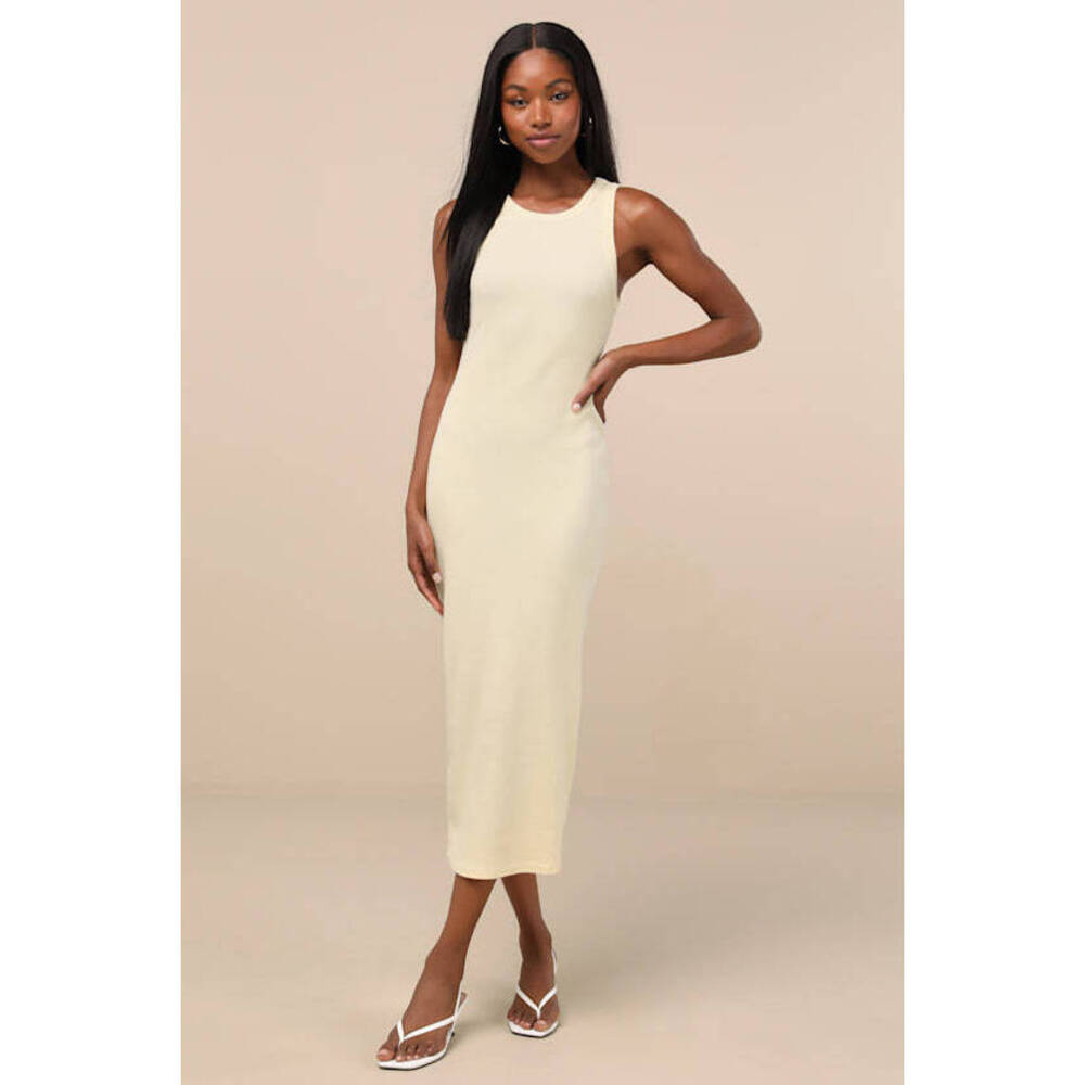 NWT Lulus Majorly Trendy Light Yellow Ribbed Bodycon Midi Dress